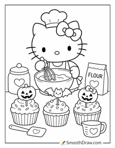 Hello Kitty Baking Halloween Cupcakes
