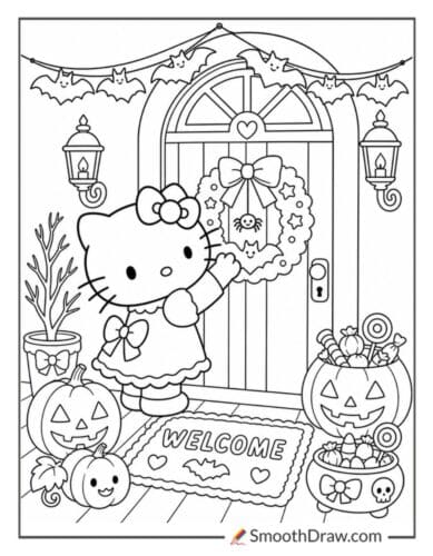 Hello Kitty Decorating A Haunted Doorway