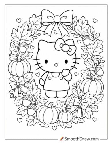 Hello Kitty Harvest Wreath Coloring Page