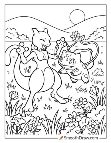 Mewtwo And Bulbasaur In A Field