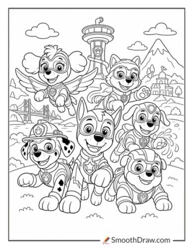 Mighty Pups Team With Adventure Bay In Background
