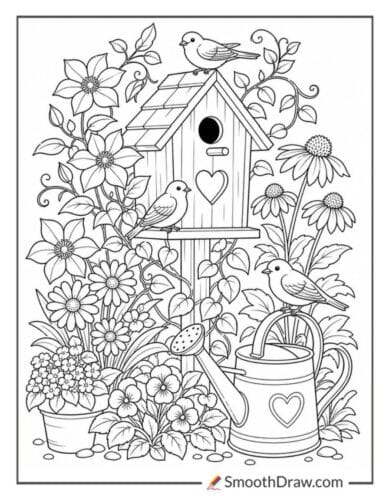 Peaceful Birdhouse Garden With Flowers