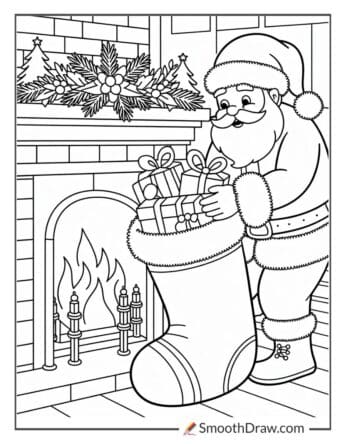 Santa Placing Gifts In A Christmas Stocking Coloring Page
