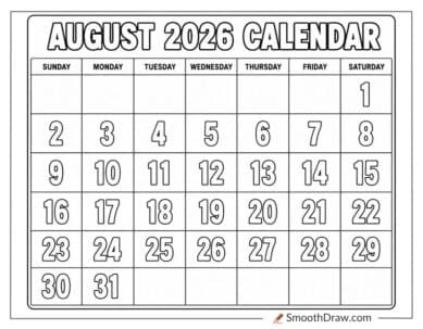simple August 2026 calendar coloring page