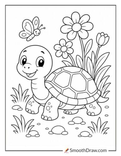 Slow Turtle Near Flowers