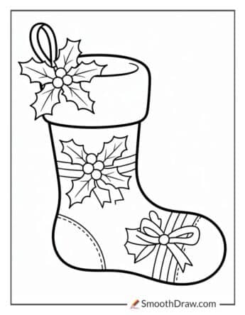 Stocking With Holly And Ribbon Decorations
