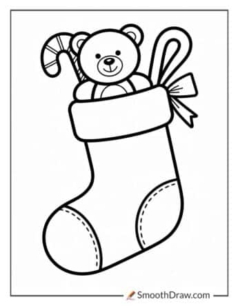 Stocking With Teddy Bear And Candy Inside Coloring Sheet