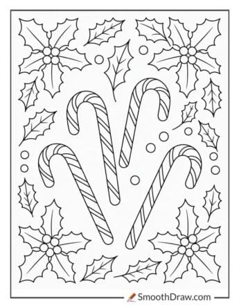 Sweet Candy Canes And Holly Leaves