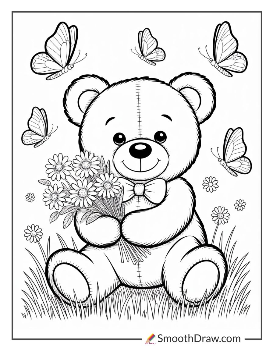 Teddy Bear With Flowers Coloring Pages