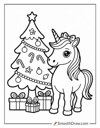 Unicorn Christmas Tree Coloring Page